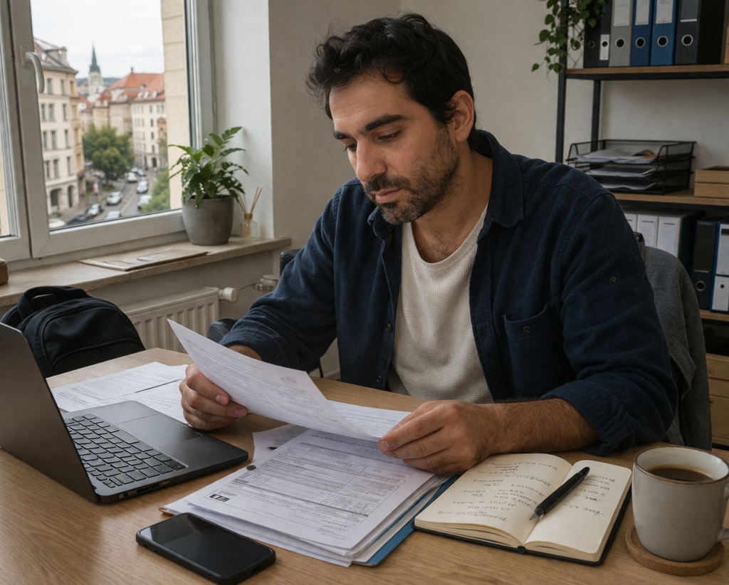 יזם מכין מסמכים להארכת אשרת שהייה עסקית בסלובקיה