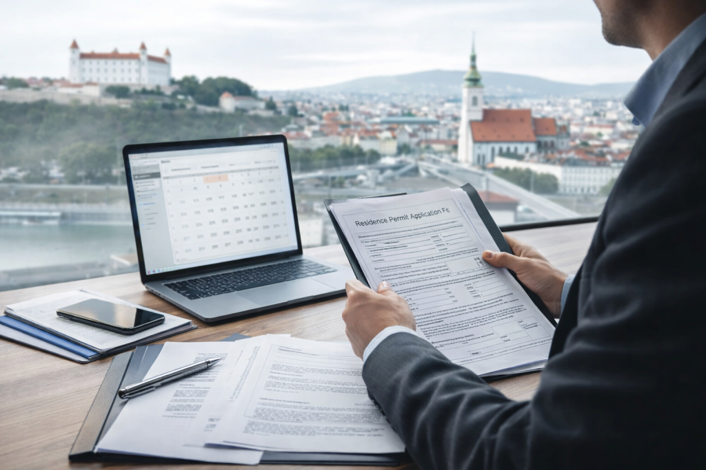 אדם בודק מסמכים לאישור שהייה בסלובקיה.
