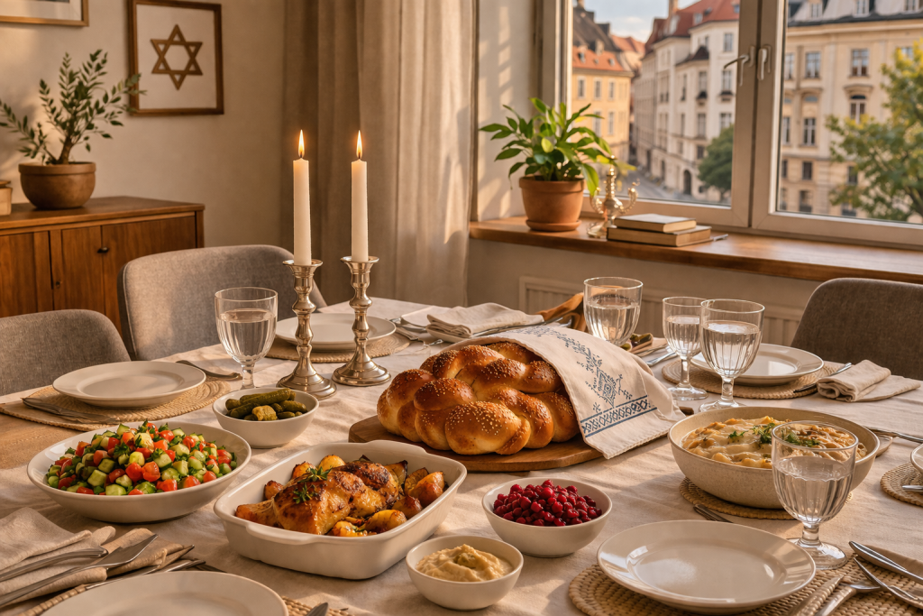 Шаббатный стол с халой, свечами и кошерными блюдами в домашней обстановке