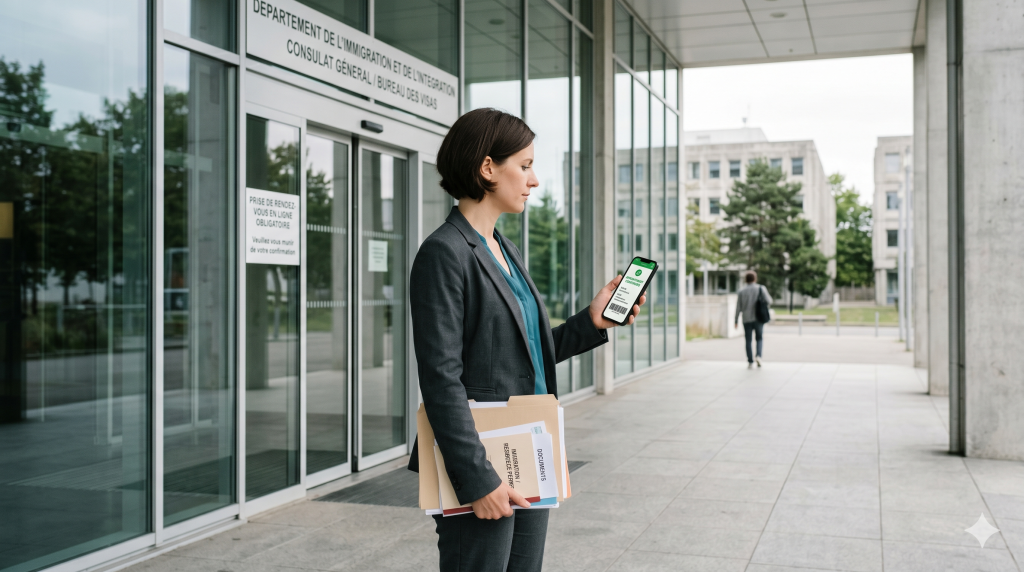 אדם עומד בכניסה למוסד רשמי עם תיק מסמכים וטלפון נייד, ועל המסך מופיע אישור לקביעת תור להגשת מסמכים.