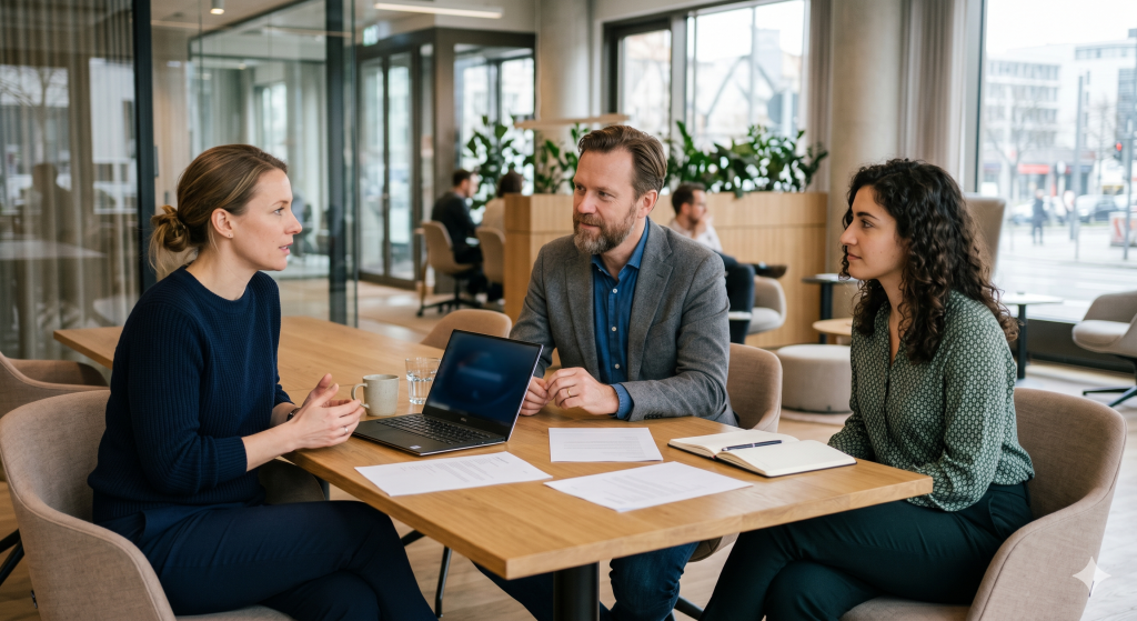 Сотрудники обсуждают условия работы в современном офисе