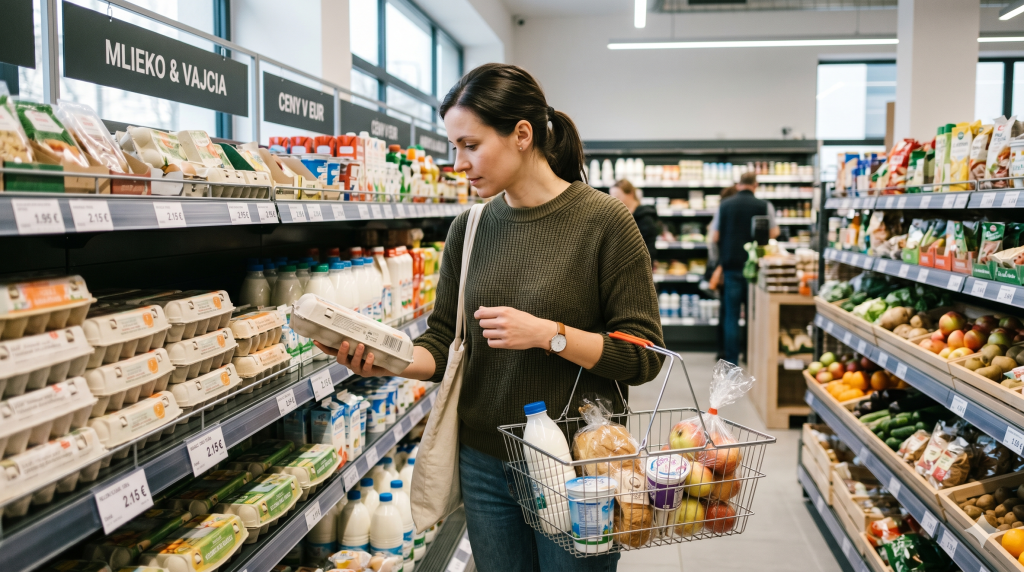 Покупатель сравнивает цены на продукты в супермаркете в Словакии