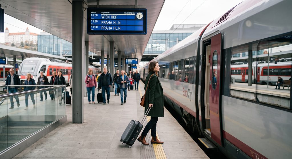 נוסע ברציף רכבת בברטיסלבה כסמל לנגישות התחבורתית במרכז אירופה.