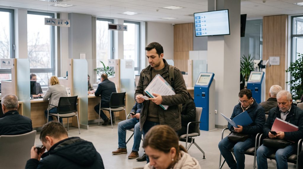 מבקש אשרת שהייה עם תיק מסמכים ממתין להגשת הבקשה בנציגות או במשרד ממשלתי מודרני.
