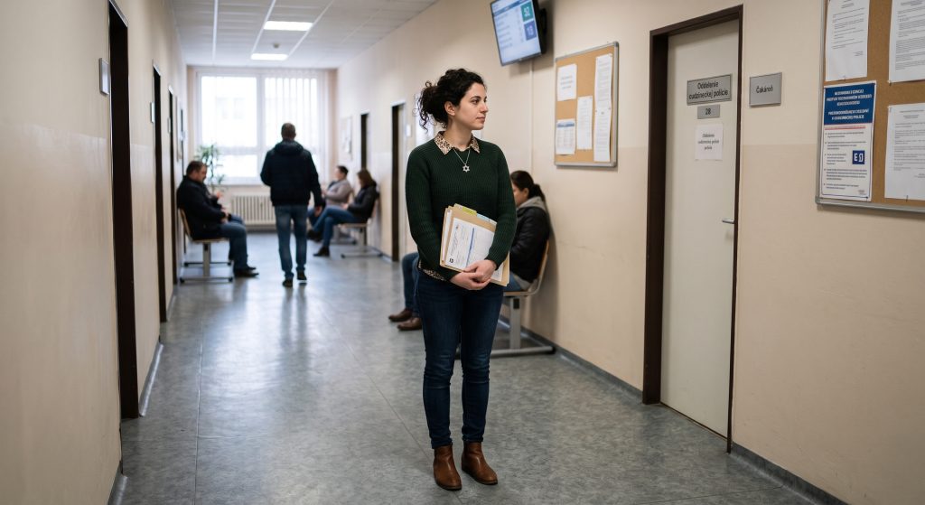Иностранец с папкой документов в административном центре во время оформления рабочего ВНЖ в Словакии.